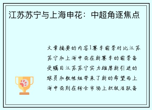 江苏苏宁与上海申花：中超角逐焦点